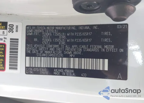 2021 Toyota Sienna Xle z USA, uszkodzony, nr VIN 5TDJRKEC4MS035295